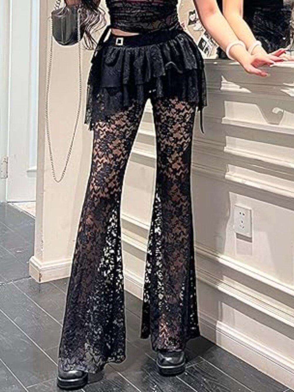 Women's Gothic Lace Flared Pants Asymmetric Floral Bell Bottom Legging S - Picture 4 of 6